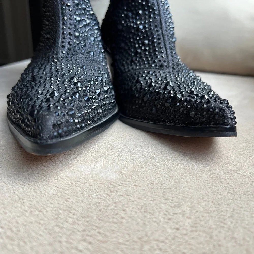 Jessica Simpson‎ 9 M Black Rhinestone Western Ankle Boots Pointed Toe Block Heel